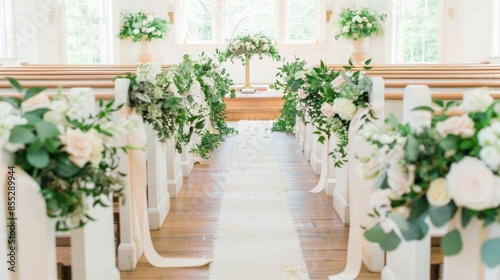 Elegant church aisle decorated with white flowers and greenery, leading to the altar, creating a beautiful wedding ceremony setup. © mashimara