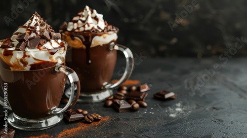 Two glass mugs of hot chocolate topped with whipped cream, chocolate shavings, and syrup on a dark background. Decadent indulgence concept.