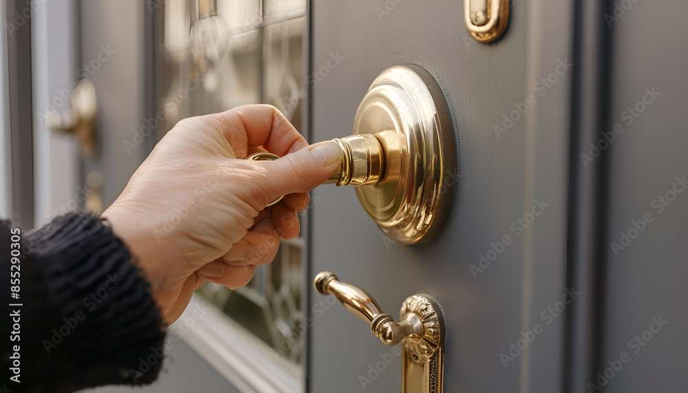 Fototapeta premium Collector knocking on door indoors, closeup view