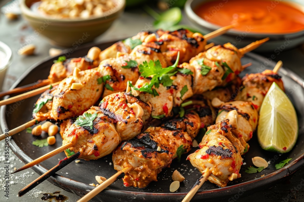 Delicious Chicken Satay Skewers with Peanut Sauce - Perfect for Food Blogs and Menus