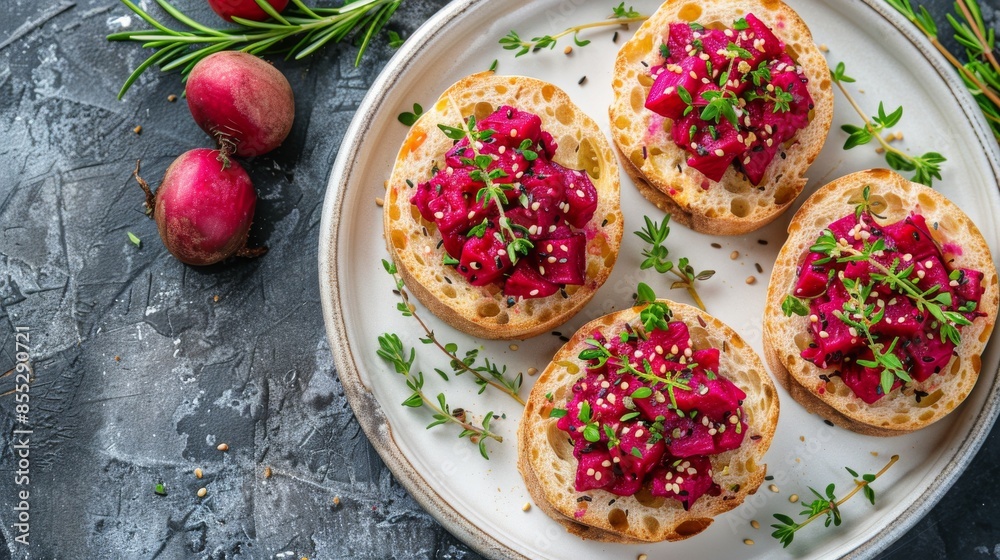 Plate of Beet and Cheese Covered Crackers Plate of Beet and Cheese Covered Crackers