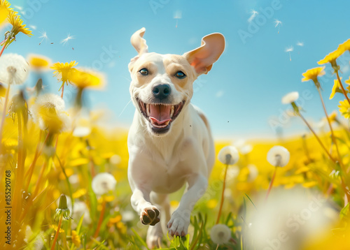 Jack Russell Terrier joyfully running through a field of yellow dandelions on a sunny day with a blue sky