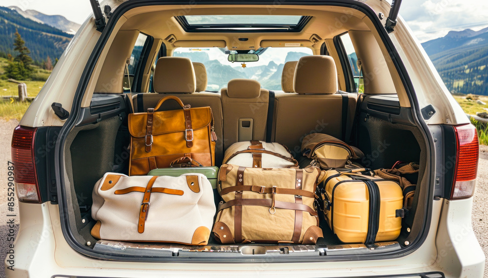 The back of a white SUV is filled with suitcases and bags, prepared for a journey The back of a white SUV is filled with suitcases and bags, prepared for a journey