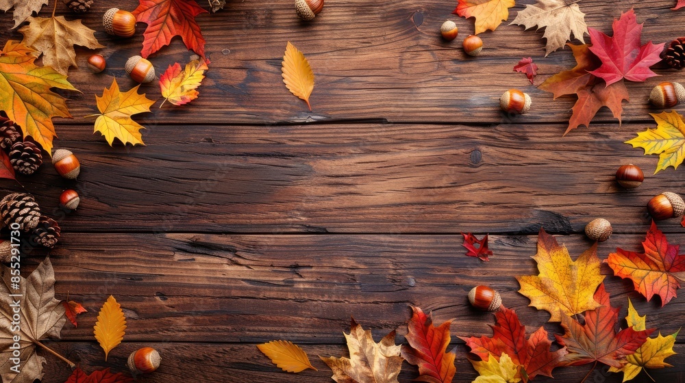 Obraz premium Colorful autumn leaves and acorns text area on wooden background