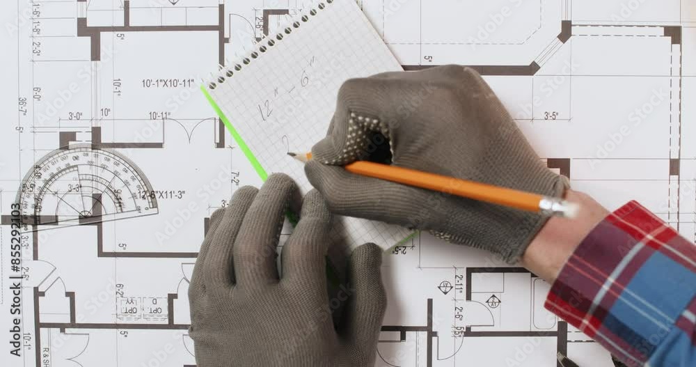Engineer writes marks in notepad measuring floor plan with protractor ...