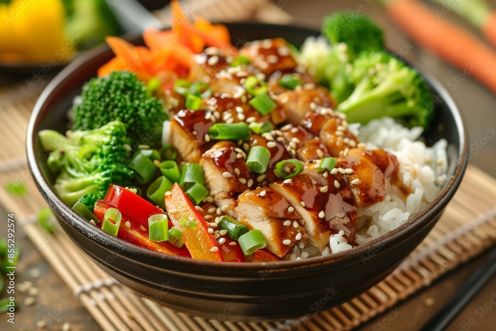 Healthy Teriyaki Chicken Bowl with Rice and Mixed Vegetables in Professional Food Photography Healthy Teriyaki Chicken Bowl with Rice and Mixed Vegetables in Professional Food Photography