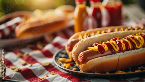 A hotdog on a plate next to ketchup and mustard bottles on a picnic cloth with an American flag pattern ,4th of July, Independence day