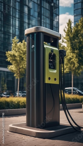 An electric vehicle charging point with a digital display, set in a modern cityscape with cars in the background photo