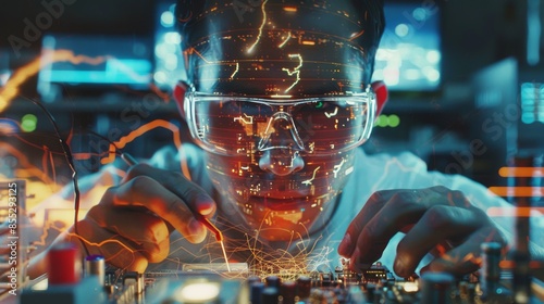 A technician wearing augmented reality glasses works on a circuit board.