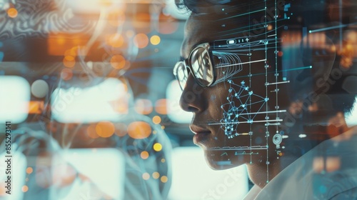 A young male professional wearing glasses looks at a digital screen with a futuristic interface.