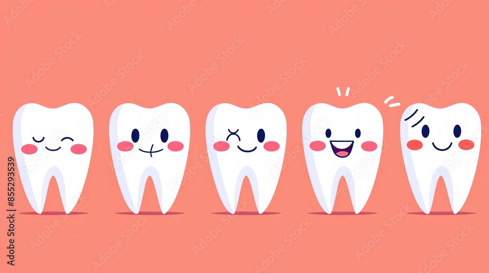 Fototapeta premium Cute cartoon teeth with different expressions on a pink background.