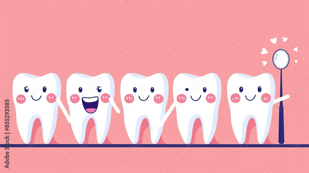 Cute cartoon teeth with a dental mirror, healthy smile concept Cute cartoon teeth with a dental mirror, healthy smile concept