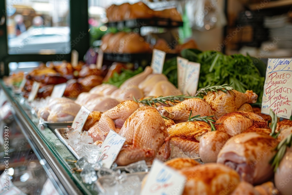 Obraz premium Organic Farmers Market Stall with Fresh Chicken Products and Vegetables for Sale