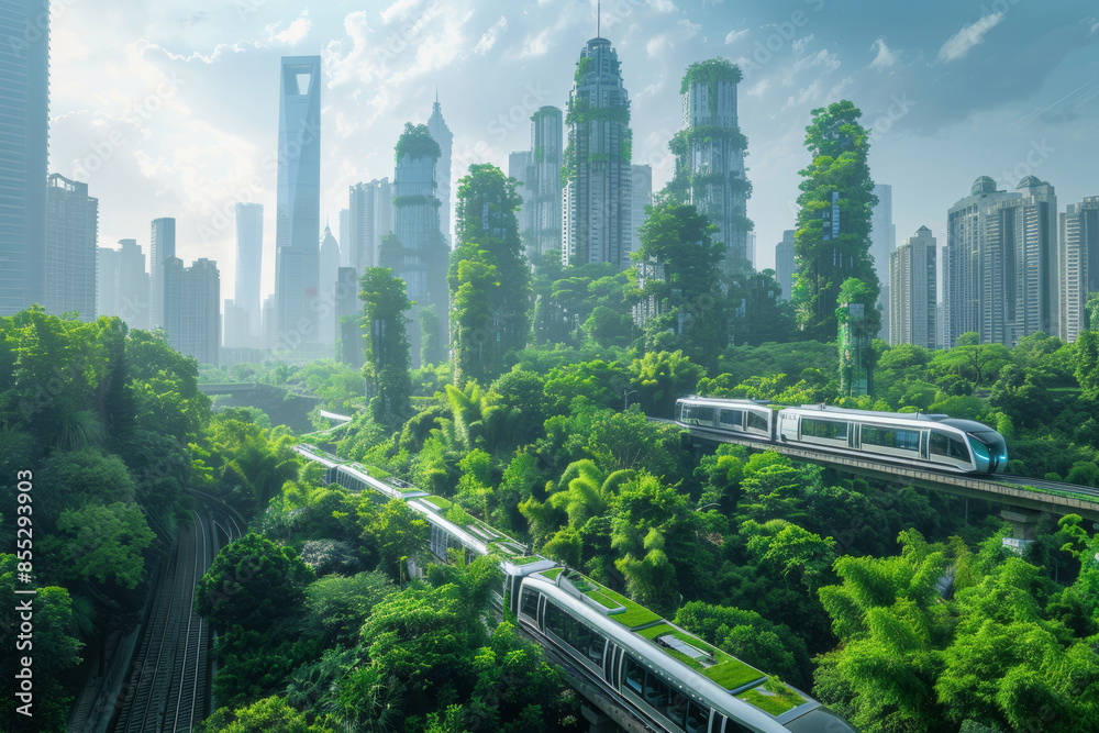Fototapeta premium Futuristic green cityscape with eco-friendly transport
