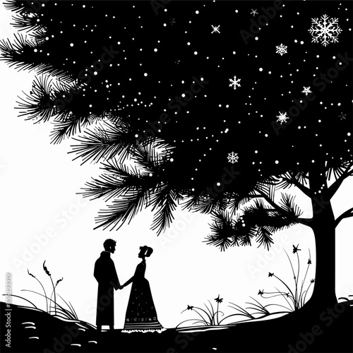 vector silhouette of a man and a girl in ancient clothes near the Christmas tree .Generative AI