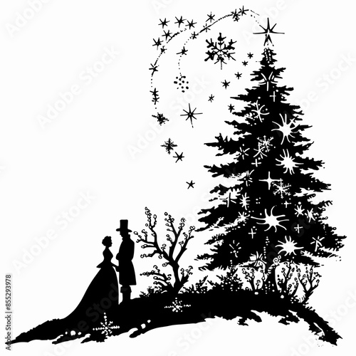 vector silhouette of a man and a girl in ancient clothes near the Christmas tree .Generative AI