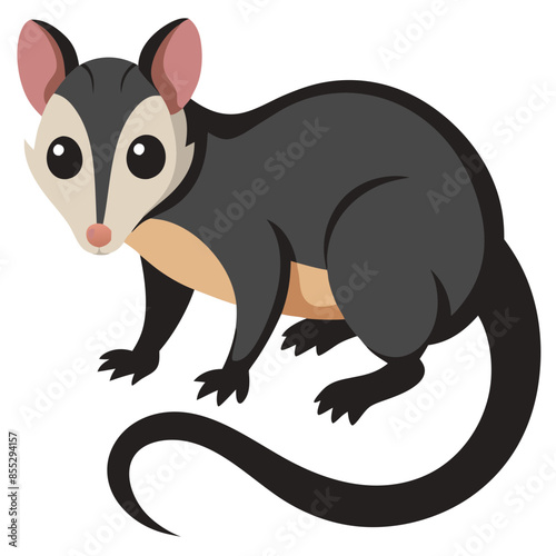 An illustrated gray possum with large ears and a pointed snout