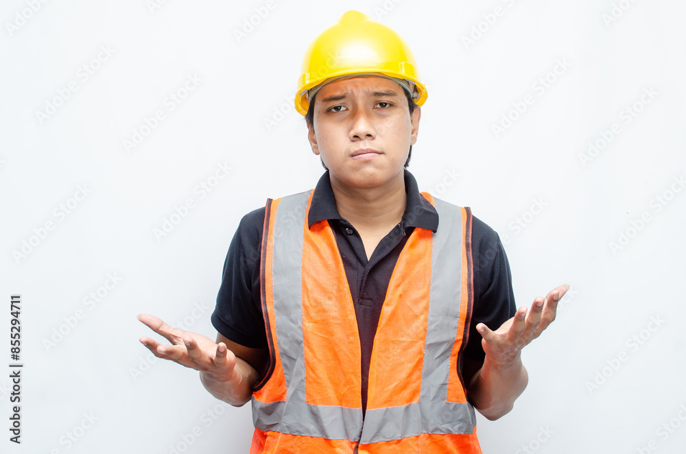 Asian male construction worker in hardhat and orange vest looks sad with crying gesture. stressed overworked concept. workers' insurance concept. Asian male construction worker in hardhat and orange vest looks sad with crying gesture. stressed overworked concept. workers' insurance concept.