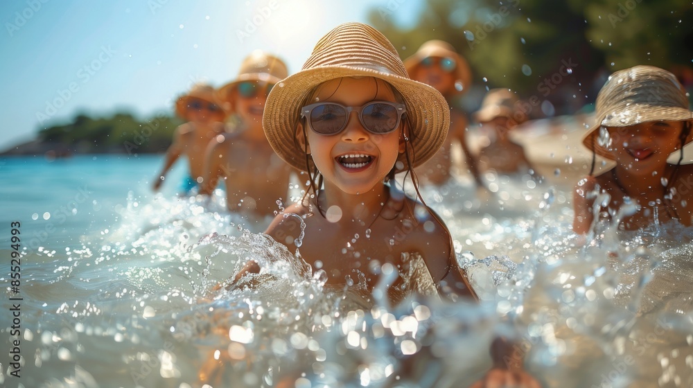 Obraz premium Group of joyful children wearing hats and sunglasses, splashing in the water at a sunny beach, having fun and enjoying summer vacation.