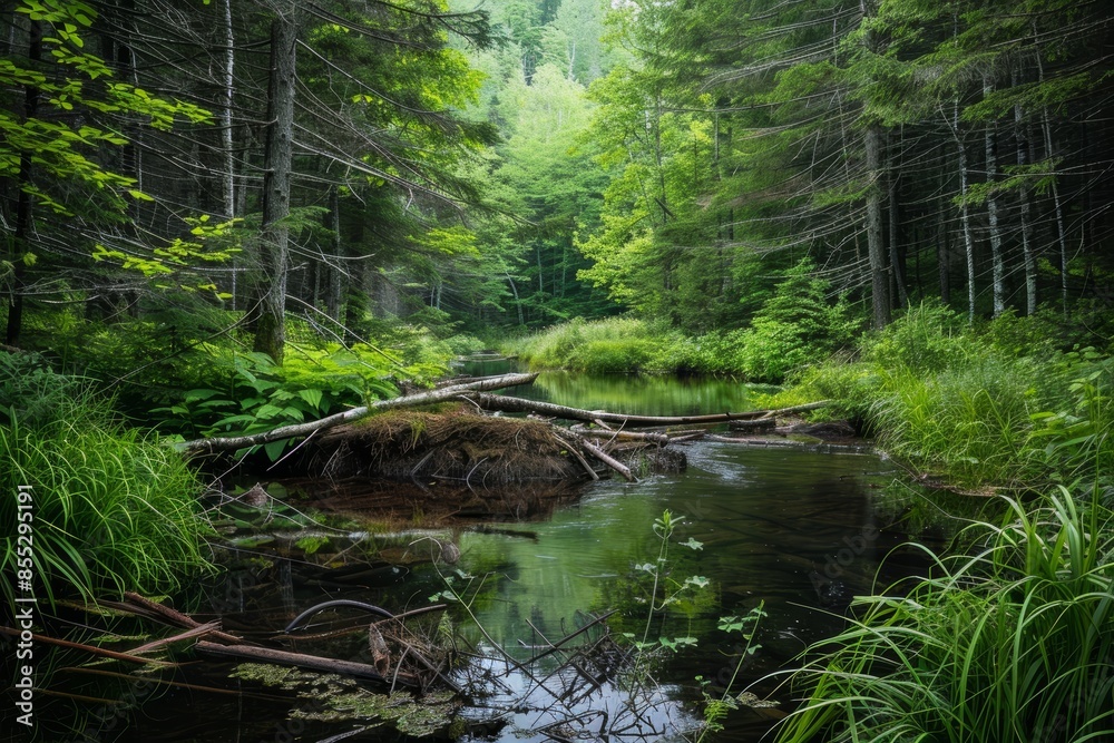 Serene Forest Stream with Beaver Dam, Lush Vegetation, and Tranquil Nature Setting Serene Forest Stream with Beaver Dam, Lush Vegetation, and Tranquil Nature Setting