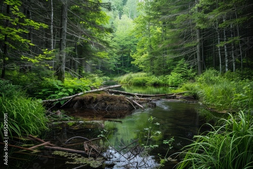 Serene Forest Stream with Beaver Dam, Lush Vegetation, and Tranquil Nature Setting