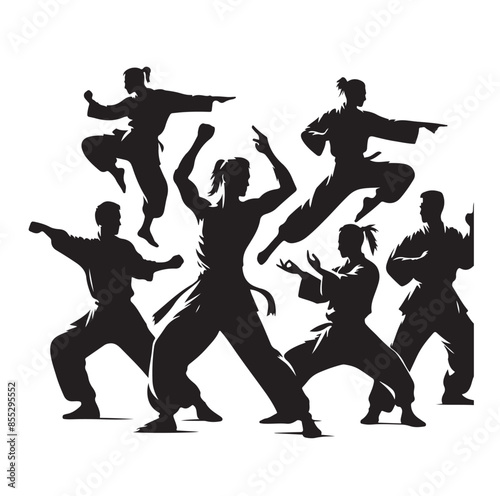 Silhouette of people isolated on white background. Wushu, kung fu, Taekwondo, Aikido. Sports positions. Design elements and icons. Vector illustration. Set