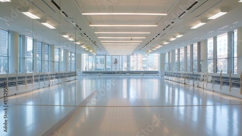 This image shows an empty dance studio with large windows and a wooden barre along the sides. The studio is brightly lit with fluorescent lights.
