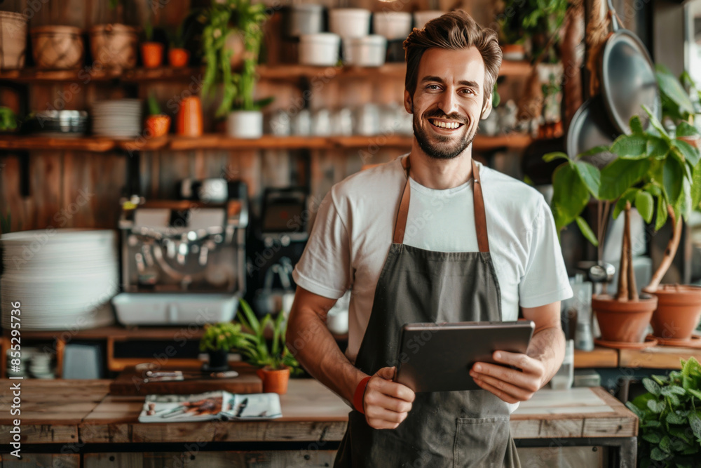 Smiling barista with tablet in cozy coffee shop Smiling barista with tablet in cozy coffee shop