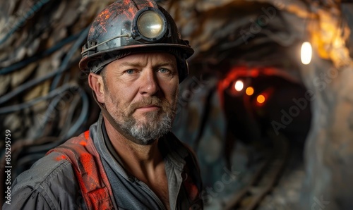 A serious-faced miner wears safety helmet with a lamp in dark mine settings