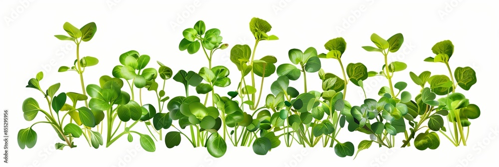 A close-up of fresh microgreens on a plain white background. Generative AI A close-up of fresh microgreens on a plain white background. Generative AI