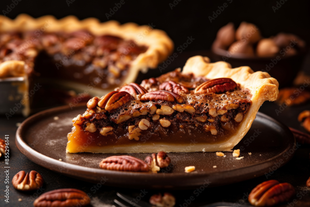 Slice of pecan pie, traditional fall dessert for Thanksgiving Slice of pecan pie, traditional fall dessert for Thanksgiving