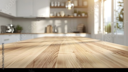 Wooden light empty table top in modern white kitchen, kitchen panel in interior