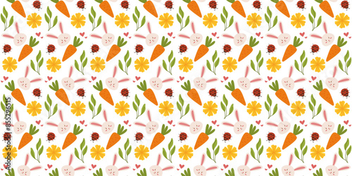 Spring pattern with ladybug and carrots in a hand-drawn vector style. Perfect for children's products, textiles, and gift wrapping.