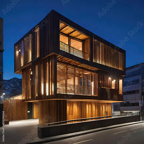 modern eco-friendly house made of wooden panels, construction from wooden beams,