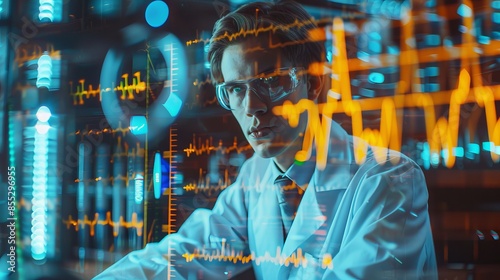 Scientist in futuristic laboratory analyzing data on digital screen.