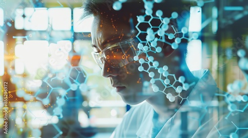 Fototapeta Naklejka Na Ścianę i Meble -  Scientist looking at 3D molecular structure.