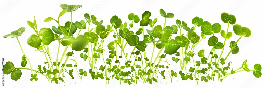 A close-up shot of fresh microgreens, showcasing their vibrant green color and delicate leaves against a stark white background. Generative AI