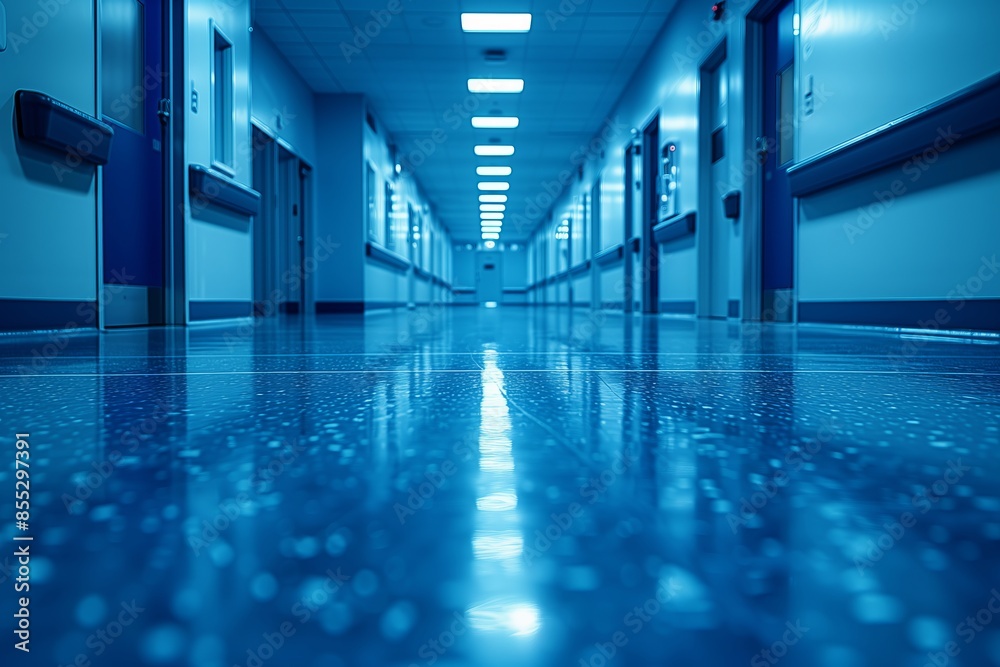 A long hallway with blue walls and floors. The floor is shiny and clean. There are no people in the hallway A long hallway with blue walls and floors. The floor is shiny and clean. There are no people in the hallway