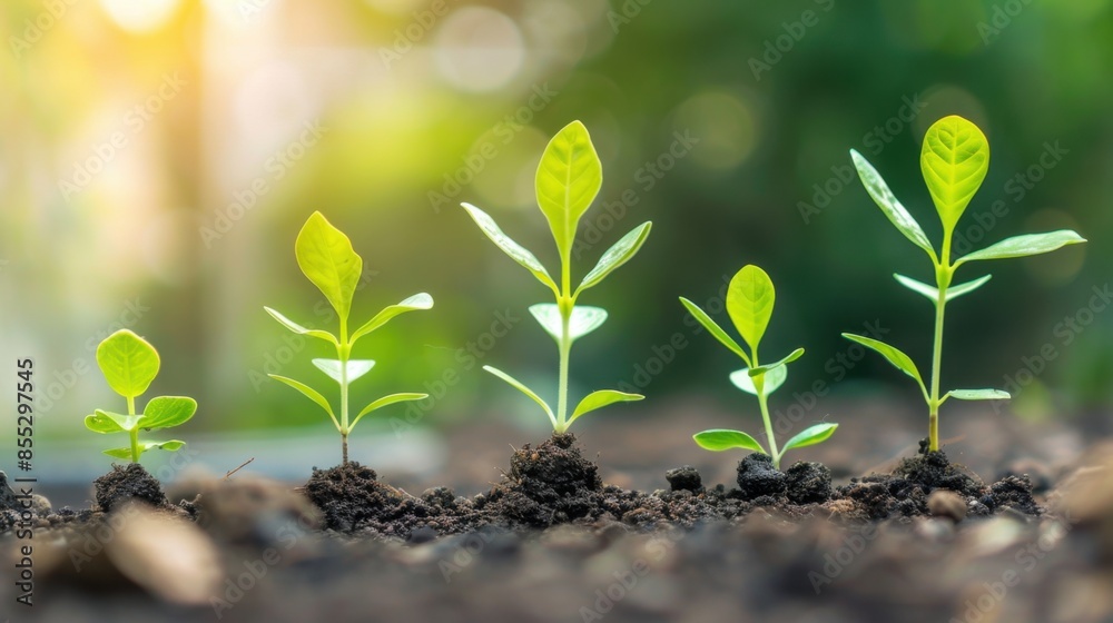 A close-up image of five seedlings growing in soil, showcasing the stages of growth. A blurry green and yellow background suggests a sunny outdoor setting. A close-up image of five seedlings growing in soil, showcasing the stages of growth. A blurry green and yellow background suggests a sunny outdoor setting.
