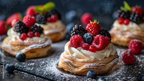 Fruity French pastry filled with creamy goodness, topped with berries, and set on a dark background. Perfect for menus or recipes