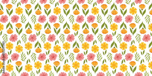 Seamless layout displaying floral elements. Botanical-inspired recurring fabric or wallpaper pattern with orange flower on stem with leaf, yellow flower, cherry blossom, and leaves.