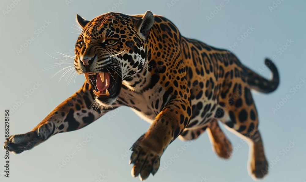 Dynamic and powerful image of a jaguar in mid-leap with its jaws wide open, showcasing the animal's agility and ferocity.