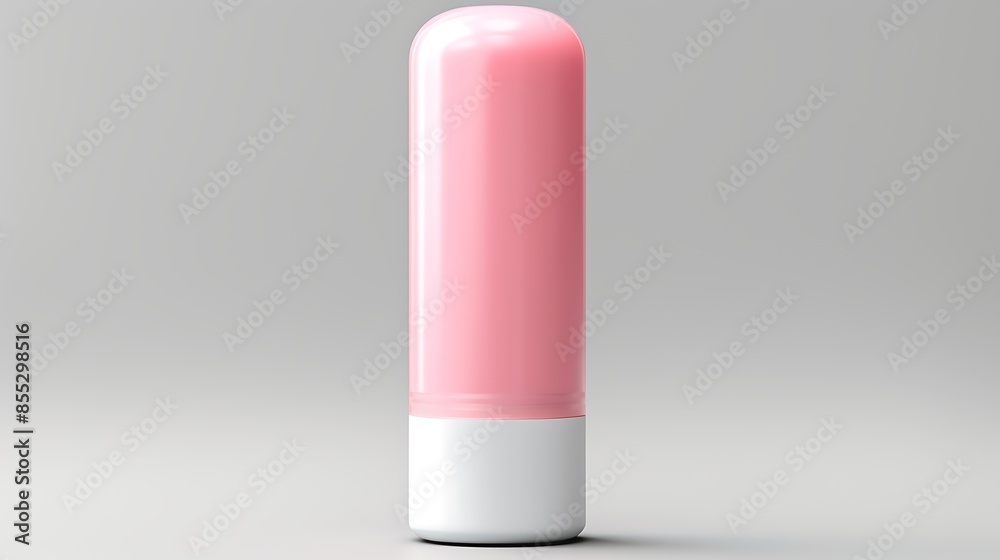 This is a 3D rendering of a pink and white lip balm tube on a solid gray background. The lip balm tube is closed and upright. This is a 3D rendering of a pink and white lip balm tube on a solid gray background. The lip balm tube is closed and upright.