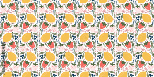 Whimsical seamless pattern adorned with illustrations of white strawberries, raspberries, lemons, blackberries, pink flowers, and green leaves, creating a playful and modern design.