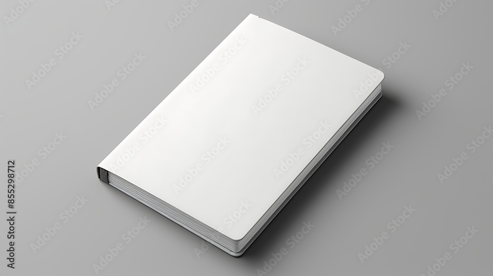 A thick white book is placed on a solid gray surface. The book is closed and the spine is facing the camera. A thick white book is placed on a solid gray surface. The book is closed and the spine is facing the camera.