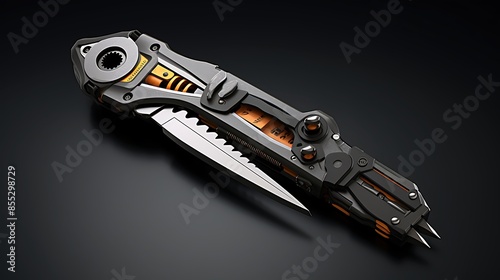 Futuristic tactical knife with spring-assisted open. The knife has a black and orange color scheme and is made of metal. photo