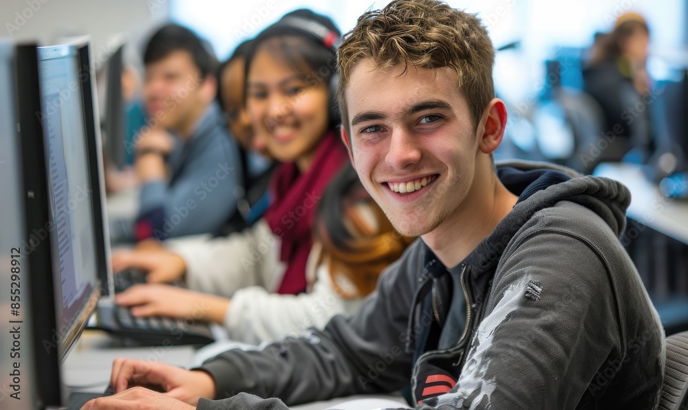 A diverse group of cheerful students is engaging with a computer screen in a modern classroom setting. A diverse group of cheerful students is engaging with a computer screen in a modern classroom setting.