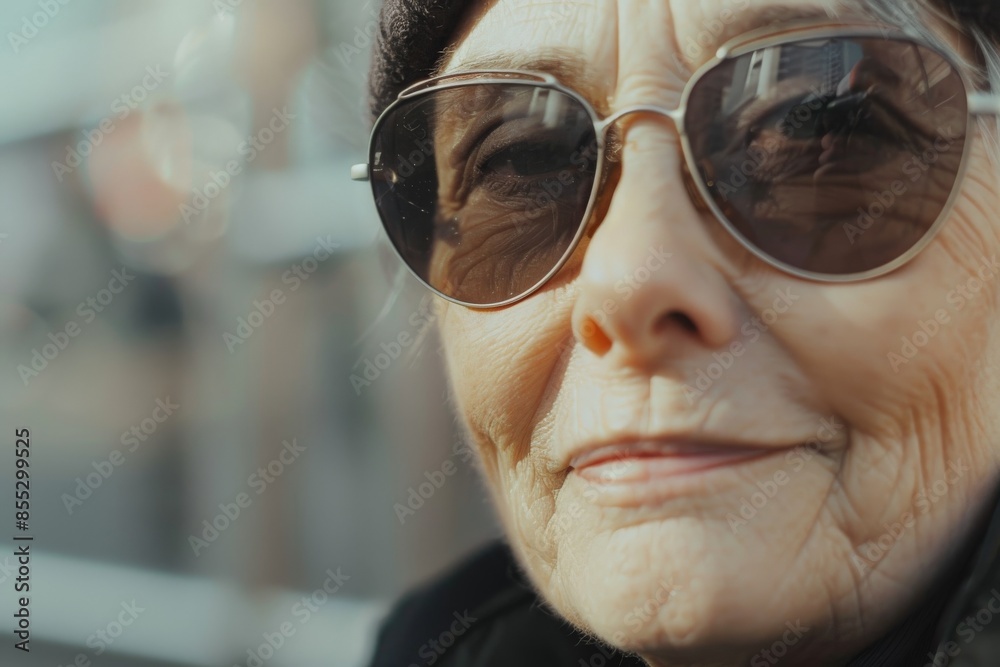 Senior woman wearing sunglasses smiling in the city Senior woman wearing sunglasses smiling in the city
