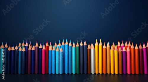 A variety of sharpened colored pencils arranged in a row against a dark blue background.
