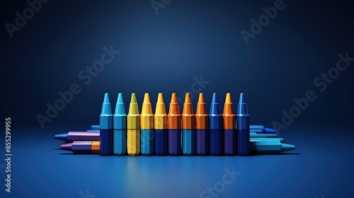 A set of 10 colored crayons on a blue background. The crayons are arranged in a row, with the tips facing the viewer.